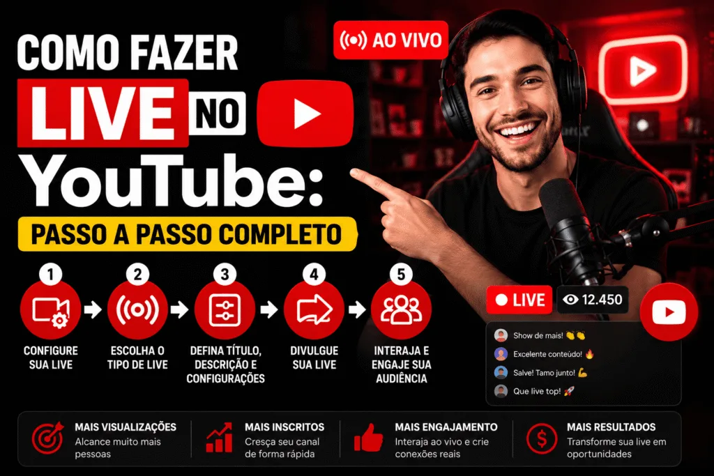 Como fazer live no YouTube pelo celular, computador ou OBS. Veja requisitos, configuração, divulgação, checklist e como evitar live vazia.