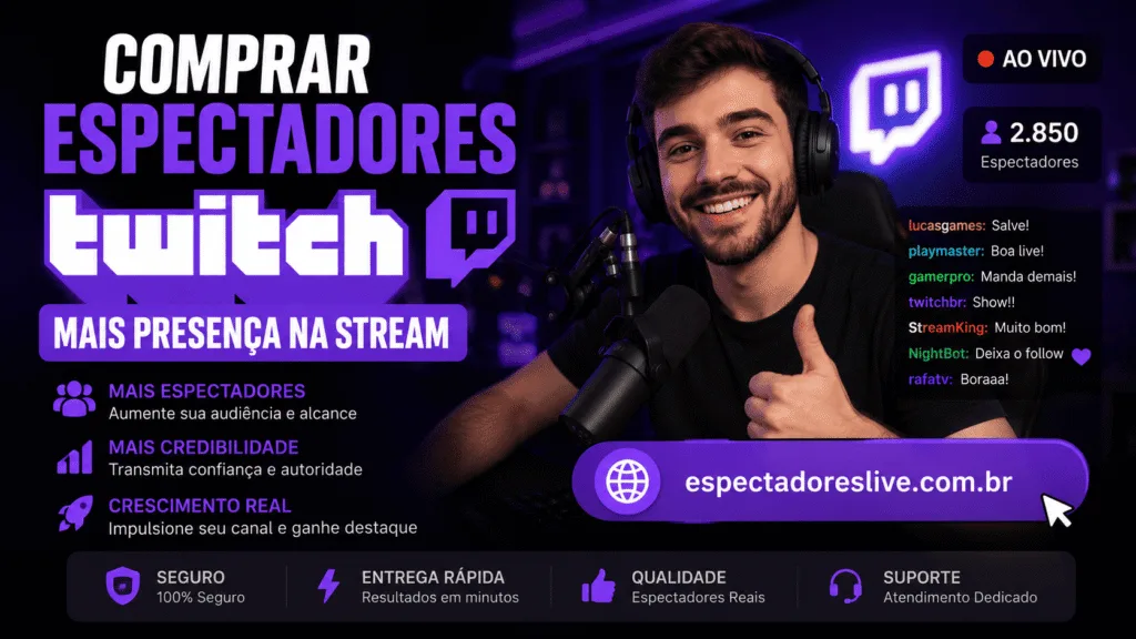 Comprar espectadores Twitch ajuda sua stream a ter mais presença, movimento e prova social sem pedir senha. Veja pacotes no site.