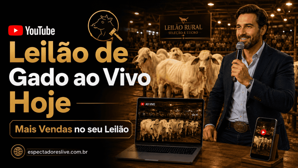 YouTube Leilão de Gado ao Vivo Hoje com mais presença, movimento e prova social para sua transmissão rural online.