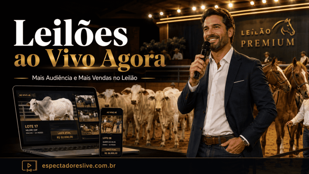 Leilões ao vivo agora com mais presença, movimento e prova social para transmissões rurais, gado, cavalos e eventos online.