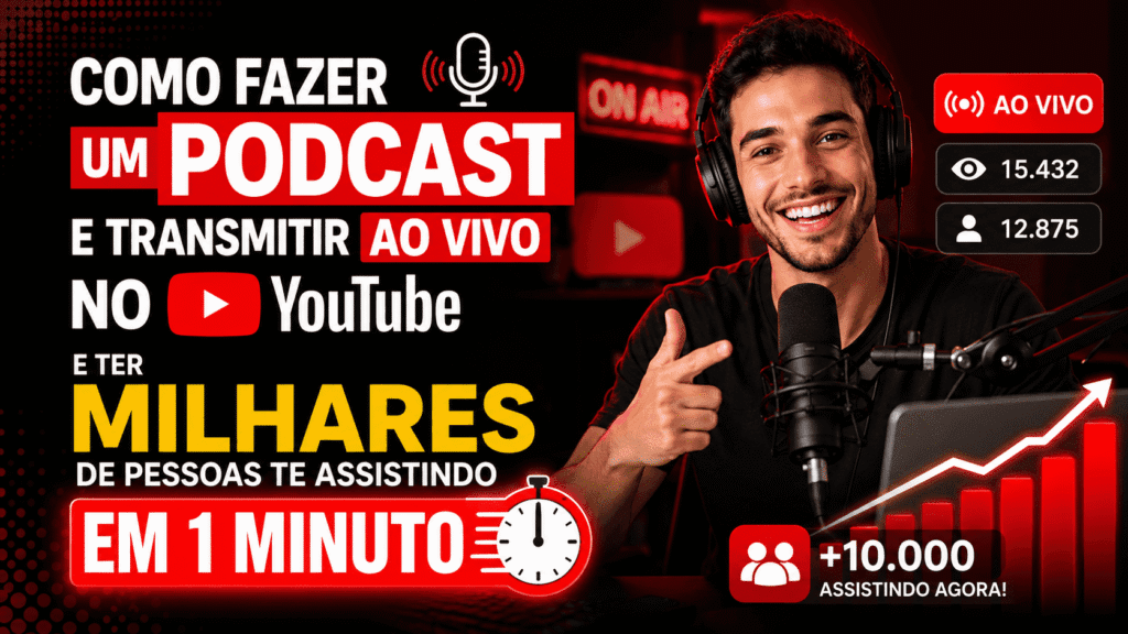 Como fazer um podcast do zero: tema, roteiro, equipamentos, gravação, publicação, divulgação e live no YouTube com mais presença.